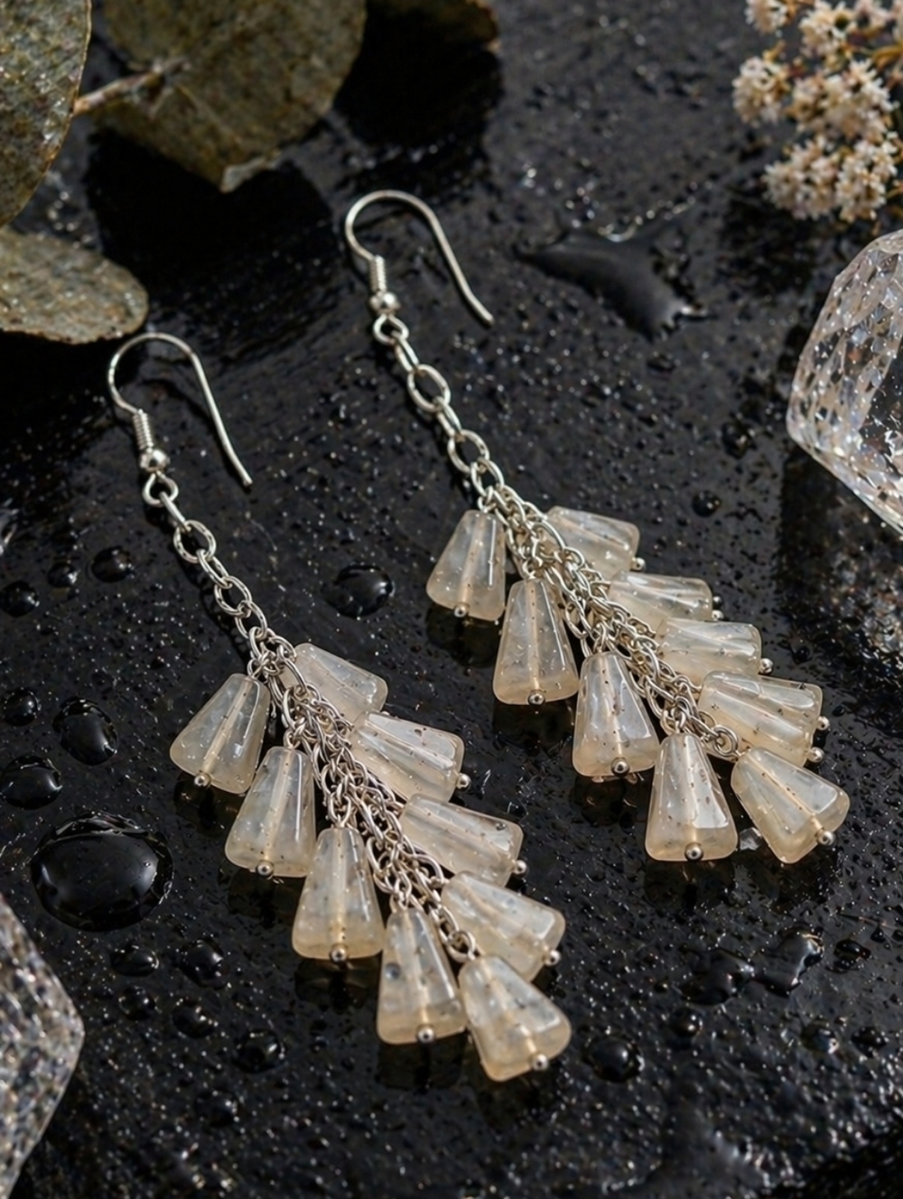 925 Sterling Silver Agate Cascade Cluster Drop Earrings Champagne Boho 2.2"